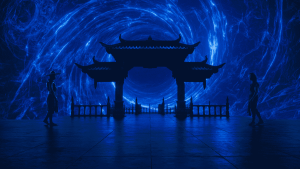 Guerreros del Reino de la Tierra en posición de combate dentro de un templo ancestral iluminado en azul en Mortal Kombat II película.