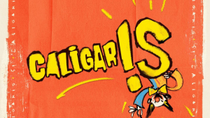 Ilustración digital conceptual de estilo circense sobre fondo naranja para la banda Los Caligaris, destacando la palabra "CALIGARIS!" en tipografía gruesa amarilla y un dibujo de payaso con nariz roja en la esquina inferior derecha.