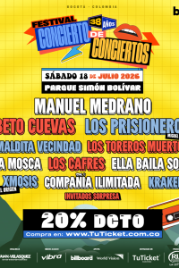 Cartel oficial del Festival Concierto de Conciertos 38 Años en Bogotá, programado para el sábado 18 de julio de 2026 en el Parque Simón Bolívar. Presenta el listado de artistas principales como Manuel Medrano, Beto Cuevas, Los Prisioneros y La Maldita Vecindad sobre un fondo amarillo cuadriculado. Útil para ilustrar noticias de eventos musicales en Colombia.