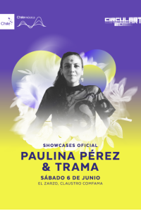 Banner digital oficial en formato vertical sobre fondo morado y amarillo con la lista de la delegación chilena para Circulart 2026. En la parte superior se observan los logotipos de Chilemúsica y Circulart 2026, seguidos del texto "CONOCE A LA DELEGACIÓN CHILENA" y los nombres de las organizaciones: Agencia Alvayay, Carolina Records, Cosas Buenas Producciones, Isla Sonora Chiloé, Mundovivo, MusicActual, Sonidos Crecientes y Teatro Municipal de Chillán.
