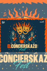Cartel publicitario oficial de 'El Concierskazo Fest' en Bogotá, con una ilustración de tres esqueletos músicos tocando saxofón, batería y guitarra bajo dos máscaras teatrales en llamas sobre un fondo azul oscuro. Útil para ilustrar eventos culturales independientes, festivales de música alternativa y ska en Colombia.