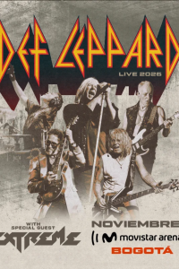 Cartel oficial del concierto de Def Leppard en Bogotá para su gira 'Live 2026' con la banda Extreme como invitado especial, programado para el mes de noviembre en el Movistar Arena. El diseño muestra letras rojas con bordes amarillos y una fotografía texturizada en escala de grises de los integrantes tocando en vivo. Útil para ilustrar noticias sobre rock clásico, conciertos en Colombia y eventos de música internacional.