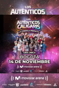 Cartel oficial del concierto de Los Auténticos Decadentes y Los Caligaris en Bogotá para su gira 'La Fórmula Perfecta', programado para el 14 de noviembre de 2026 en el Movistar Arena. Muestra una fotografía grupal de ambas agrupaciones sobre un fondo festivo con destellos púrpuras. Útil para ilustrar noticias sobre música latinoamericana, ska y eventos culturales en Colombia