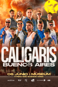Cartel promocional vertical de la banda argentina Los Caligaris para su concierto en Buenos Aires. En la imagen aparecen los integrantes del grupo sobre un fondo de nubes anaranjadas. En el centro destaca el texto "CALIGARIS BUENOS AIRES" en letras blancas grandes, seguido de la fecha "06 JUNIO | MUSEUM" y la dirección "Perú 535, Buenos Aires" en letras doradas.
