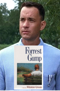 Fotomontaje que muestra al actor Tom Hanks como Forrest Gump con una camisa azul, superpuesto en el centro con la portada del libro original de Winston Groom. Ideal para ilustrar adaptaciones de novelas al cine.