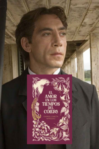 Fotomontaje que muestra al actor Javier Bardem caracterizado como Florentino Ariza en la película 'El amor en los tiempos del cólera', con la portada de la novela de Gabriel García Márquez superpuesta en el centro. Útil para ilustrar el análisis de adaptaciones literarias latinoamericanas.