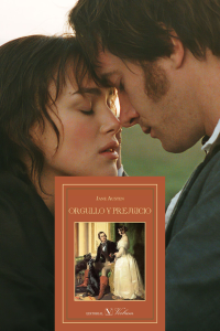 Fotomontaje que muestra un plano cercano de los actores Keira Knightley y Matthew Macfadyen en una escena de la película 'Orgullo y Prejuicio', superpuesto en el centro con la portada en tonos marrón de la novela original de Jane Austen editada por Editorial Verbum. Útil para ilustrar análisis literarios y de equidad de género en el arte.