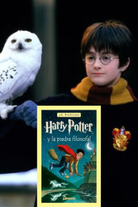Fotomontaje que muestra a un joven Daniel Radcliffe como Harry Potter sosteniendo a la lechuza Hedwig en su brazo izquierdo, superpuesto en la mitad inferior con la portada ilustrada de la novela de J.K. Rowling 'Harry Potter y la piedra filosofal' publicada por Editorial Salamandra. Útil para ilustrar artículos de fomento a la lectura e impacto social del cine fantástico.