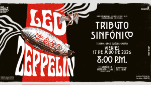 Afiche oficial del concierto Led Zeppelin Tributo Sinfónico en Bogotá. Muestra una ilustración de un zepelín clásico con símbolos de la banda sobre un fondo rojo y negro, junto a un ángel con alas. A la derecha, se detallan los datos del evento en el Teatro Jorge Eliécer Gaitán para el 17 de julio de 2026.