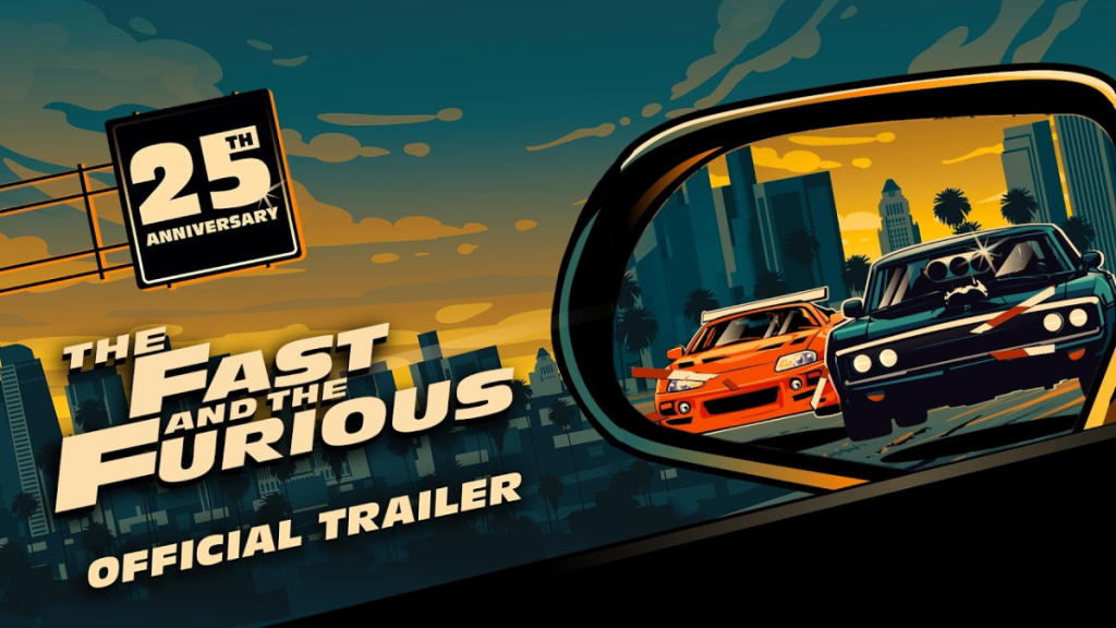 Ilustración estilizada del 25 aniversario de Rápidos y Furiosos que muestra el reflejo de un Dodge Charger negro y un Toyota Supra naranja en un espejo retrovisor.